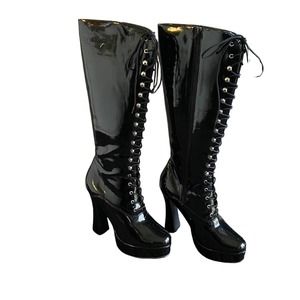 Womens PLEASER 11 Lace Up Black (faux) Patent Leather Platform Heels Boots Witch